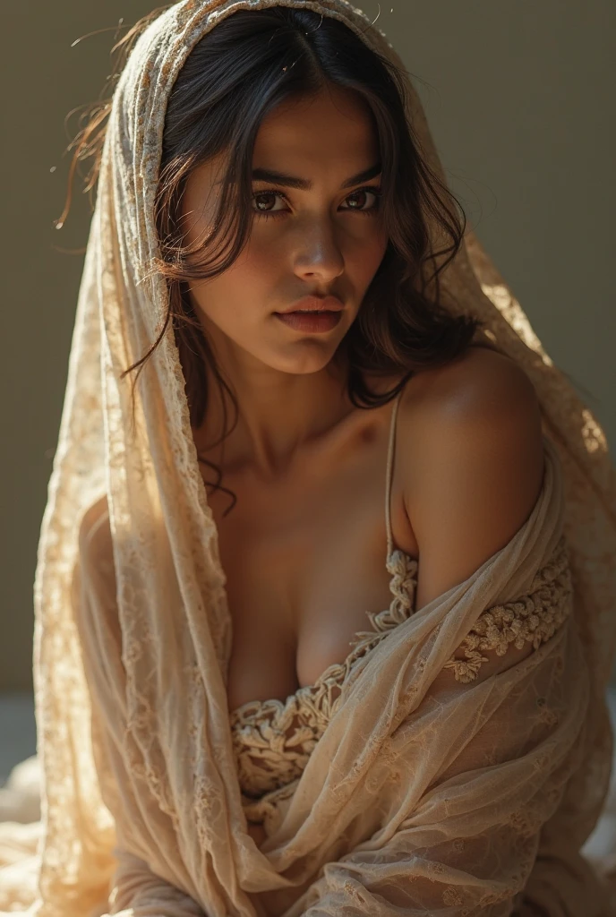 young woman, North African in a thong, wearing a veil on all fours, looks straight ahead, with a stinky and innocent look