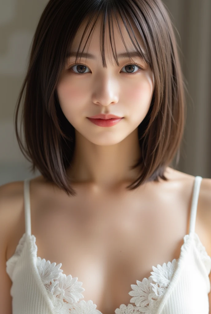 (Upper Body:1.7), Young Japanese Woman, 20th Generation, White Background, simple background, White brown hair, thin, 4K, In 8K, high quality, beauty, Beautiful Eyes, simple, High resolution,1 person,Beautiful Skins,Beautiful Skin,Short bob hairstyle、Wearing a white blouse,Shoulder、Winters,lipstick, Cleavage