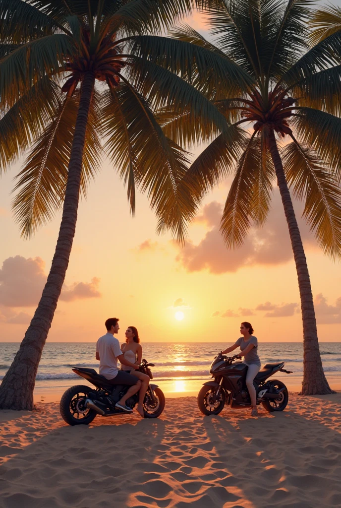 Couple on motorbikes on the beach watching the sunset 