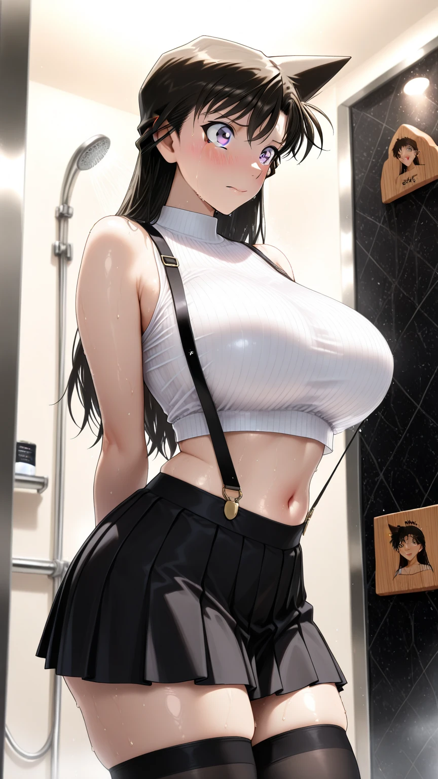((masterpiece、high quality、High resolution、4K, 8K, Blue archive official art、live-action)),detailed person、detailed face、detailed eyes、fine eyes、 (dripping sweat、oil skin,sparkling skin、realistic skin texture、detailed beautiful skin、shiny skin, white turtleneck sweater、Black formal jacket、Tight pencil mini skirt, big breasts、beautiful thighs, mature pretty woman、transparent eyes、heavy makeup、sexy、(slender body and limbs,), ((angle from below、shower room))、(random facial expressions), ((clear eyes、double eyelid、red eyes、long black hair、big breasts))、((character Tsukatsuki Rio 、Blue Archive))、wall don、pov 、((Inciting composition))、ぶら下がるbig breastsがシャツから見える、night scenery、night room、dark、lights out、grayscale:27、full of embarrassment、blush、bright red face、shy、(sweat,steam), 