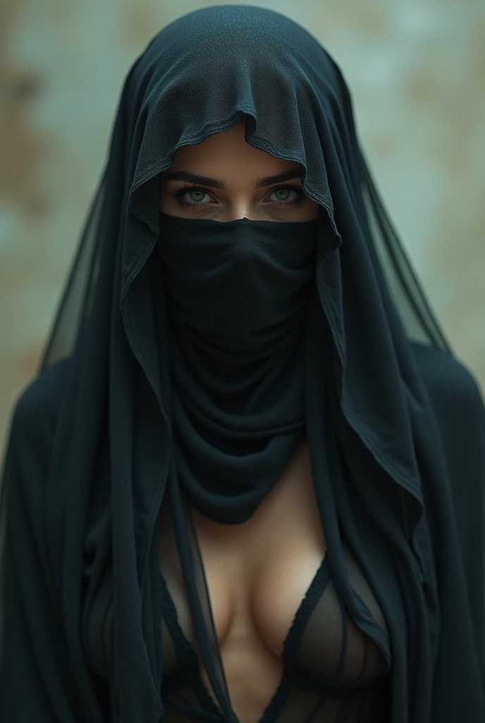 A young veiled girl with Niqaab green eyes rior. An open-neck blouse or dress with a V-shaped neckline