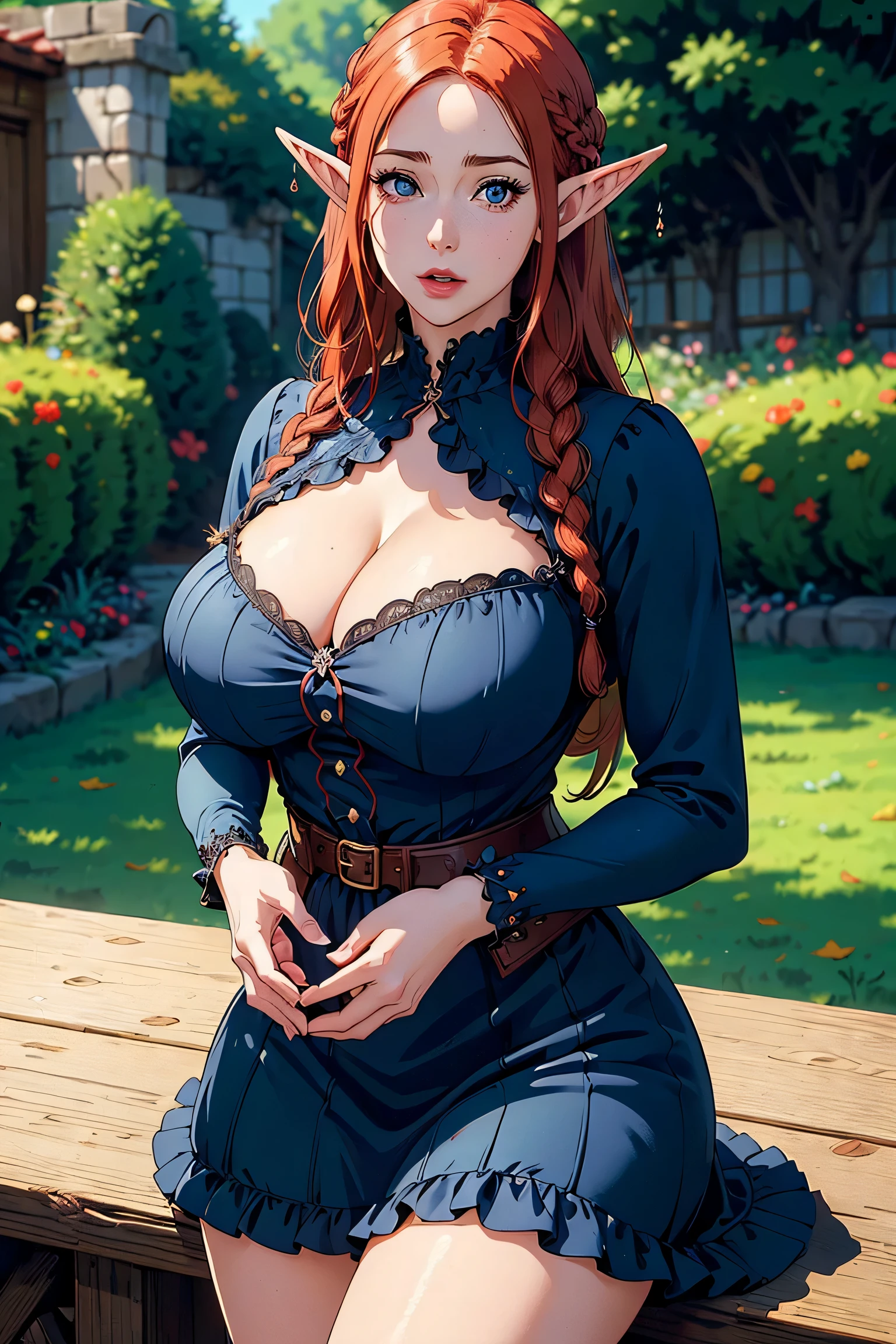 Masterpiece, detailed eyes, medium length red hair, blue eyes, medieval shirt, big breasts, bursting breasts,