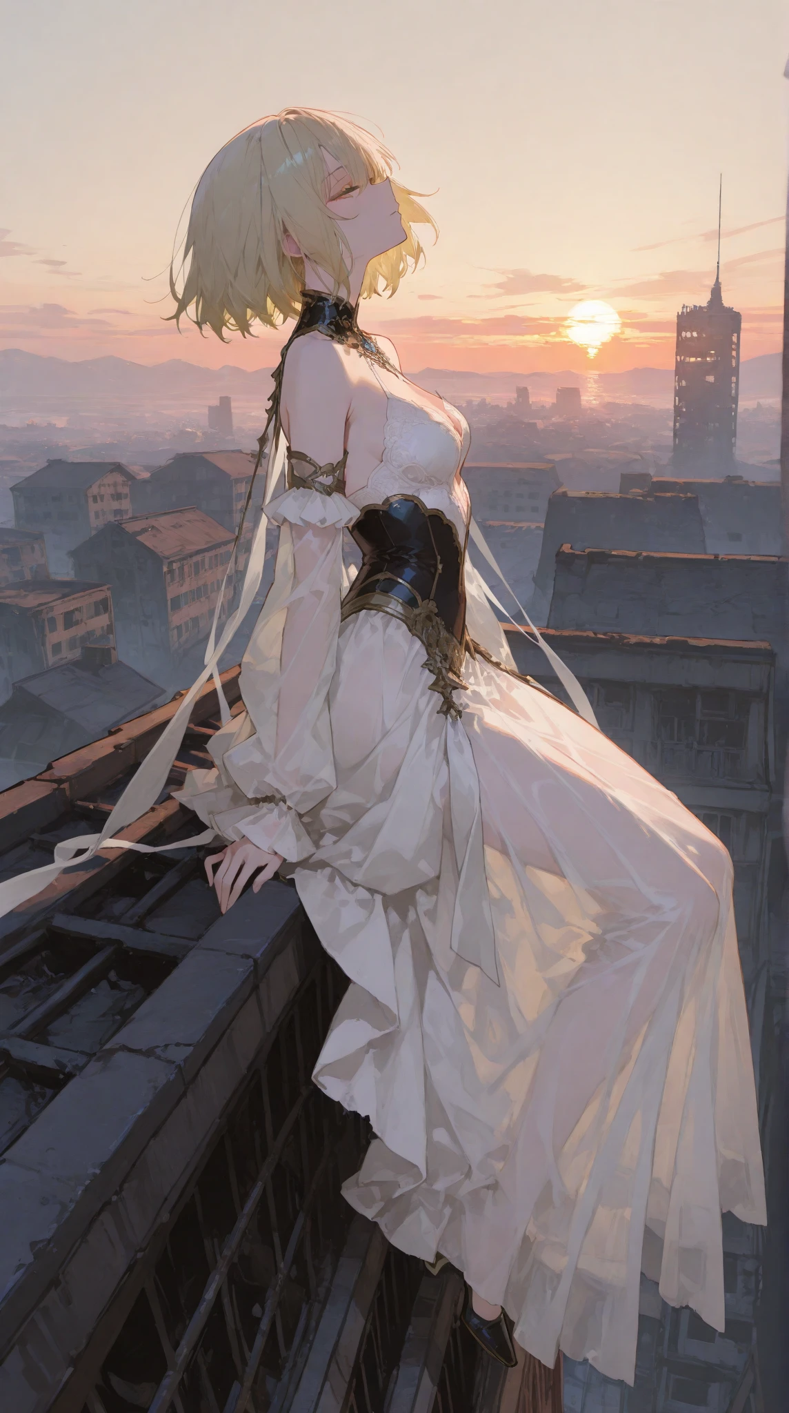 （Ray Traced，Ultra-realistic light and shadow）highest quality，High picture detail，A young girl，Wear moist white silk that is transparent to the flesh:1.5，skyblue hair，The hair gradually turns purple，Blonde headband，Ultra-high detail eyes，Gorgeous costumes，Ring，No shoes，bare feet，Stand on the top of a tall building，facing the lens，Smile，Red sky，A doomsday scene，Fall backwards with open arms，The best rendering:1.5，High screen accuracy