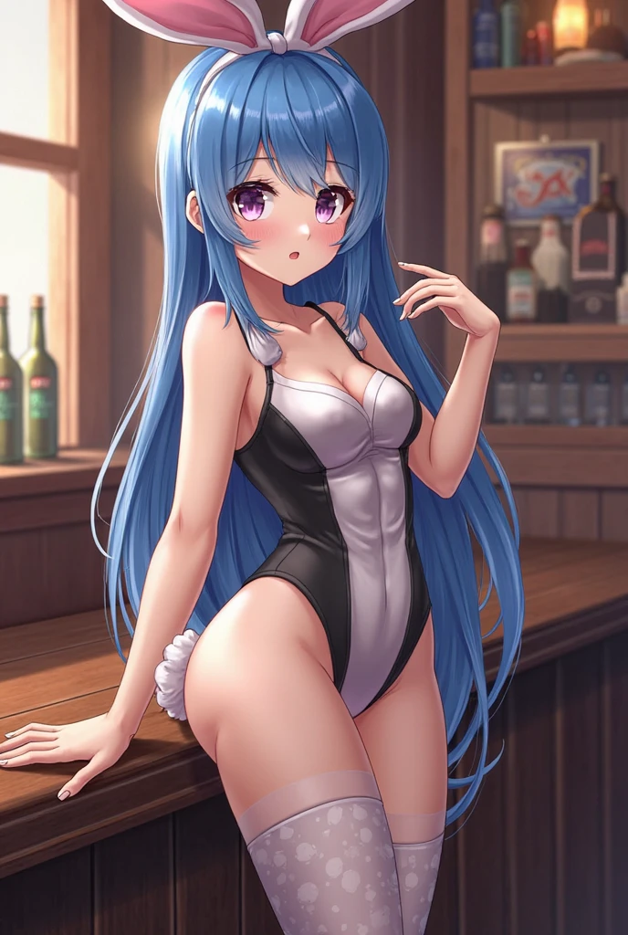 Score_9, Score_8_up, Score_7_up, ASCII masterpiece, source_anime, BREAK, 1girl, solo, mikuizayoi, miku izayoi, bangs, blunt bangs, hime cut, hair ornament, long hair, blue eyes, blue hair, blush, naughty face, big breasts, ((thin waist, wide hips, beautiful skin, beauty, extraordinarily beautiful woman, attractive woman, super sexy woman, lustful body, sexy with seductive and obscene body, sensual body, voluptuous body, )), obscene cleavage, bunny playboy, light blue leotard, detached collar, fishnet pantyhose, fake bunny, fake blue bunny ears, indoors, shiny clothing, shiny skin, bar, nightclub, stylish decorations, cowboy shot, from above, looking at viewer , hands behind back (detailed face, detailed eyes), delicate features, soft lighting, warm colors, pastel colors, seductive smile, cute and sexy, Show less