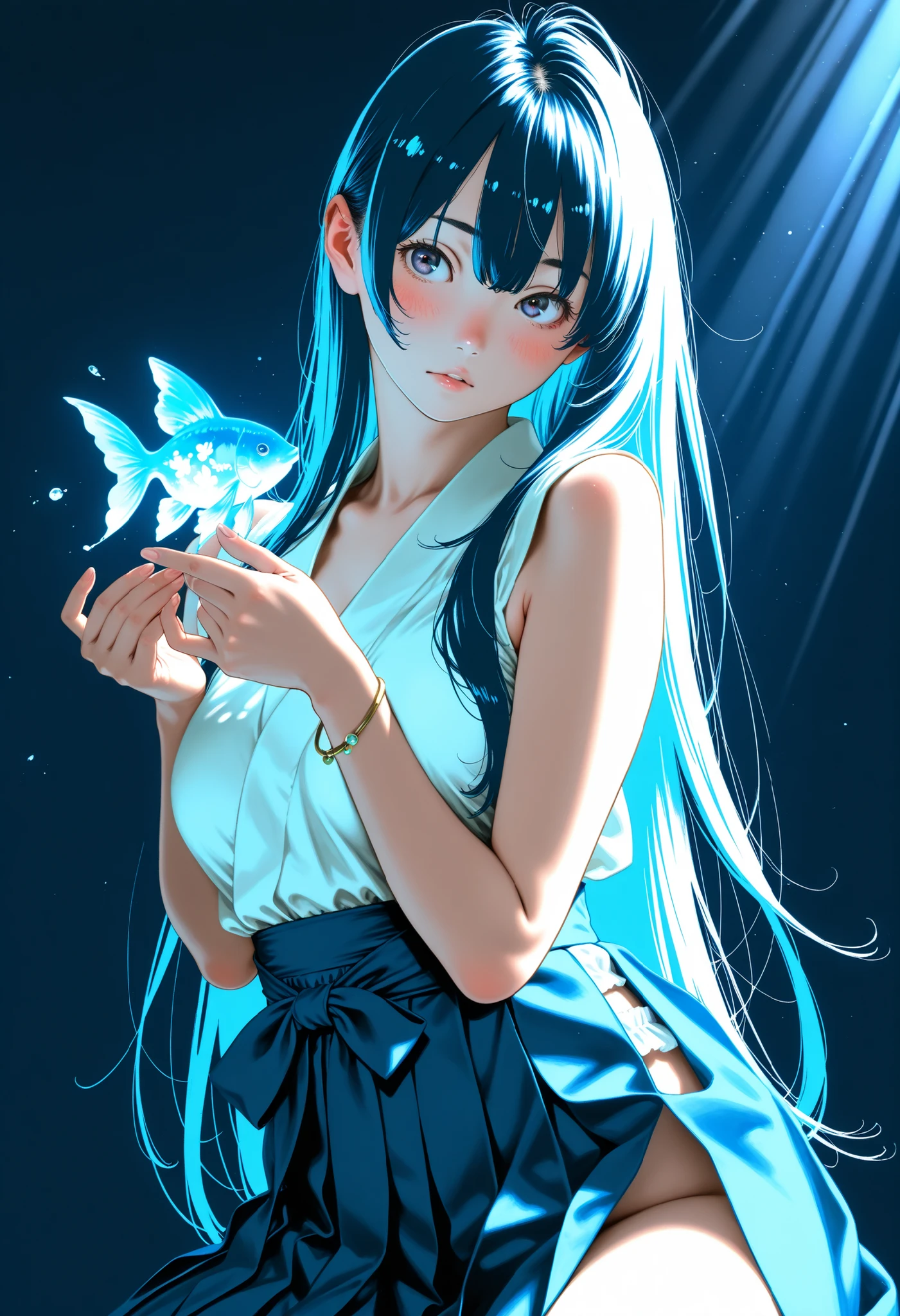 komoshuai,1girl,masterpiece, best quality, good quality, latest, newest, absurdres, absolutely resolution, 4k, 8k, kotoyama, eightman, ((kagibangou)), naruko hanaharu, solo, detailed blush lines, blush, detailed background, authentic, linear hatching, bracelet, , soft lighting, visible shoulders, glowing goldfish , , (1girl, solo, focus on face), medium breast, dimmed, shaded, ((tilt head)), hakama_skirt, , blush, light rays, very long hair, , , dynamic, (no lineart, pastel palette, muted color, ), linear hatching , (dark blue lighting), , color trace, implied, suggestive, thighs, cozy light rays,