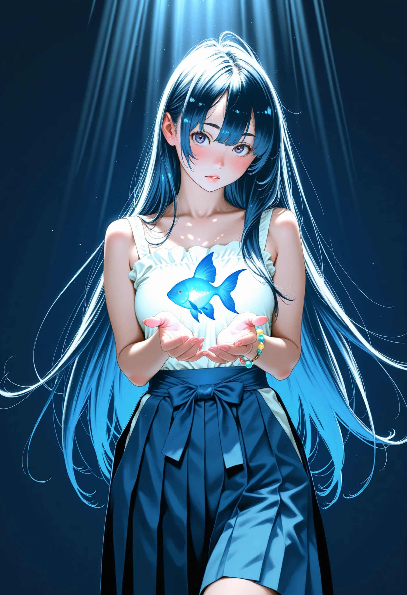 komoshuai,1girl,masterpiece, best quality, good quality, latest, newest, absurdres, absolutely resolution, 4k, 8k, kotoyama, eightman, ((kagibangou)), naruko hanaharu, solo, detailed blush lines, blush, detailed background, authentic, linear hatching, bracelet, , soft lighting, visible shoulders,  glowing goldfish , , (1girl, solo, focus on face), medium breast, dimmed, shaded, ((tilt head)), hakama_skirt, , blush, light rays, very long hair, , , dynamic, (no lineart, pastel palette, muted color, ), linear hatching , (dark blue lighting), , color trace, implied, suggestive, thighs, cozy light rays,
