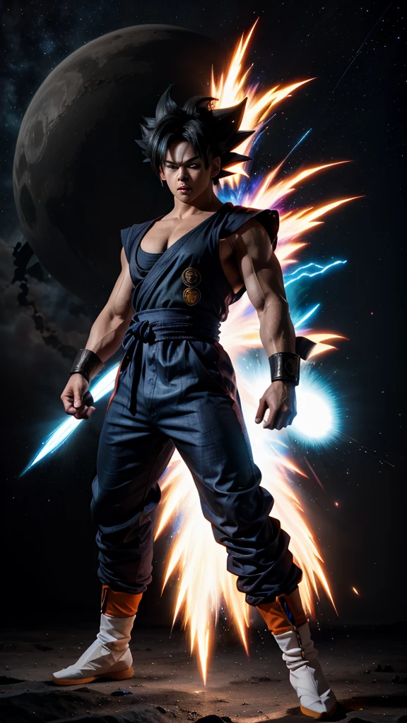 Gohan wearing purple suit, real hair, real eyes, real skin, real muscle, convert to real life photorealistic, 8k