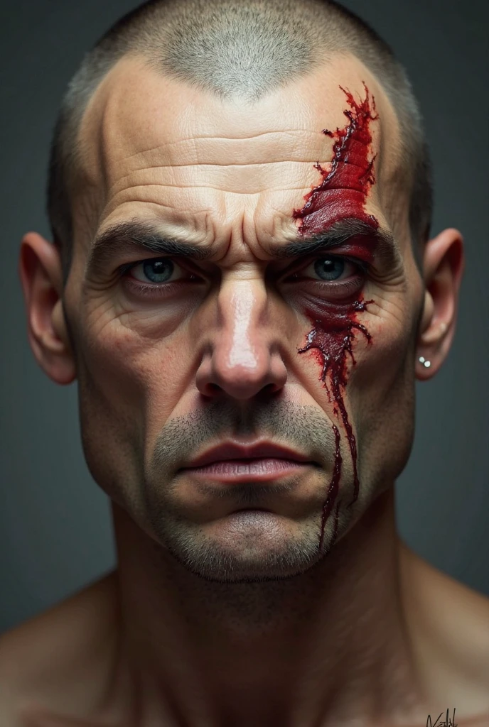 Face portret in the dark shaved head, pointy mustache, soul pach, glasgow smile scars very big and visible scars