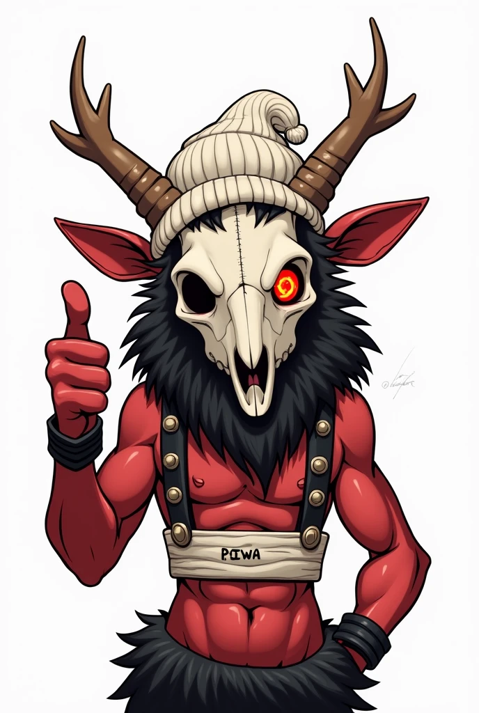 Pequena criatura oca, He has a boxer glove on his hands that is red, a white bony tail and a black muscular body, a red handkerchief in the mouth, His skin is completely dark black and his mask is white and horns are white, ele possui um dos chifres quebrado. Wears a white tank top that highlights her muscles and a red shorts, white boots too