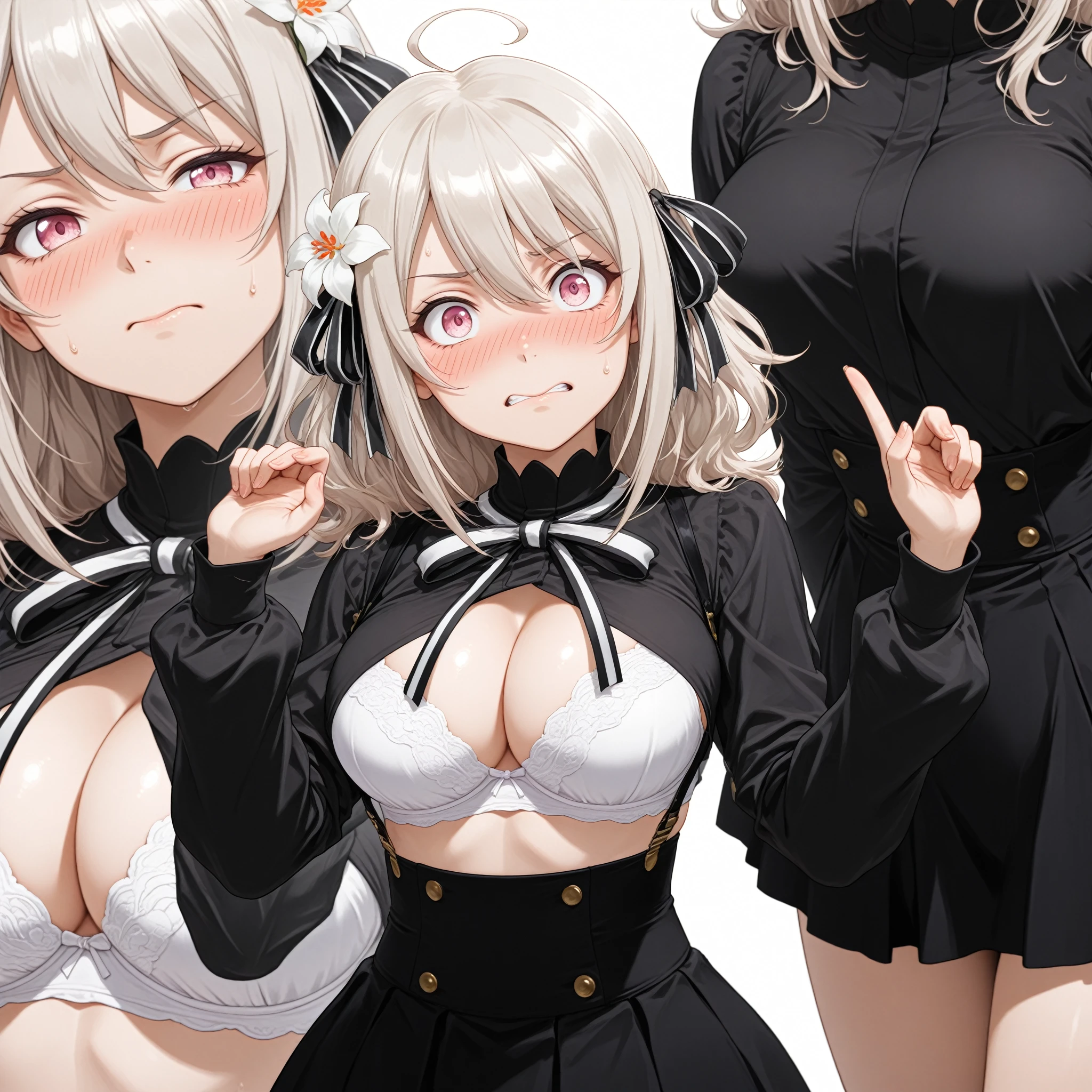 (masterpiece), best quality, (5 girls, group shot:1.4), (Because I'm slender:1.1), (huge :1.5), (black skin:1.1), blonde hair, silver hair, twin tails, amount, (open your mouth, smile:1.1), (wink:1.2), garter belt, cowboy shot,