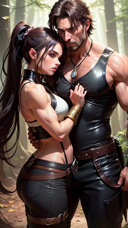 Tifa of erotic lingerie,Hands grasp the chest,A strong man is behind him。