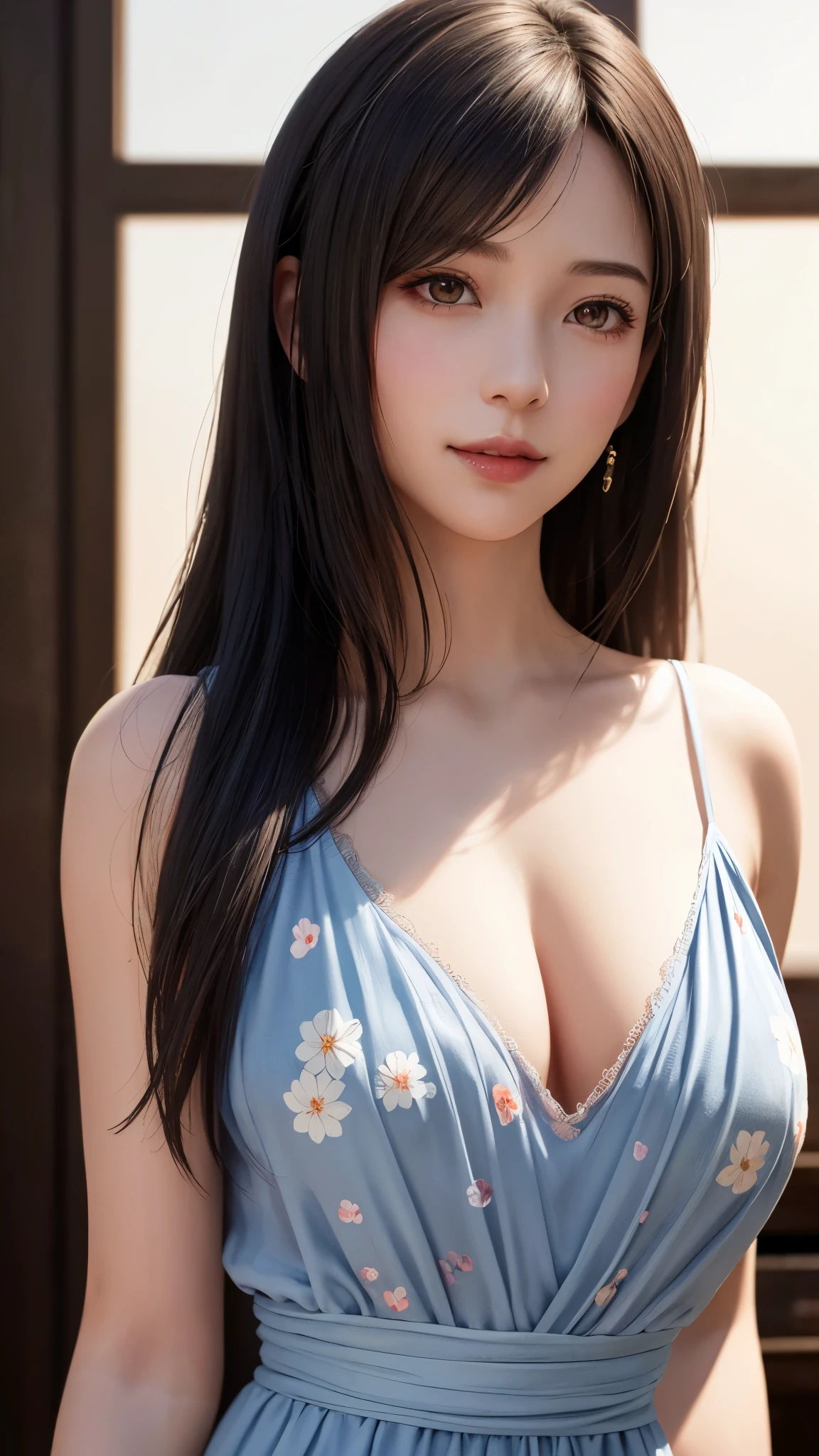{Top Quality, Masterpiece}, (Realistic: 1.3), Wallpapers, ultra high res, ultra high quality, BREAK {{{FF7,Tifa_lockhart, solo}}},{Ultra-detailed face, Detailed Red eyes},(black Brown Hair, Large breasts: 1.0),(Imaginative Macanese Female Page, background is Unique The Tablets of Stone, at Sunrise), BREAK {wearing Ribbon tie frills chiffon floral print camisole dress, sheer dress, dark gray}, clothed, (No Bra) ,(shiny oiled skin: 1.1), about 18 years old, BREAK {smile, kawaii},{{gravure pose}}, {{erotic eyes, erotic mouth, erotic face}}