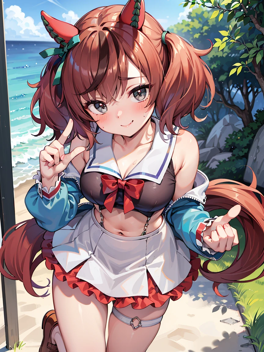 highest quality, masterpiece, High resolution, 1 girl, White Dew (Kantai Collection)(White Dew改二 艦隊これくしょん:1.15), Brown Hair, Red eyes,  smile, Slender body, Full body portrait,Red headband, black(Sailor suit), Pleated skirt, Classroom Background, Slender body, Full body portrait, Skirt flip, (panties), (good), Squat, (panties), (bra), (In underwear), (Flashy underwear), (lingerie), 
