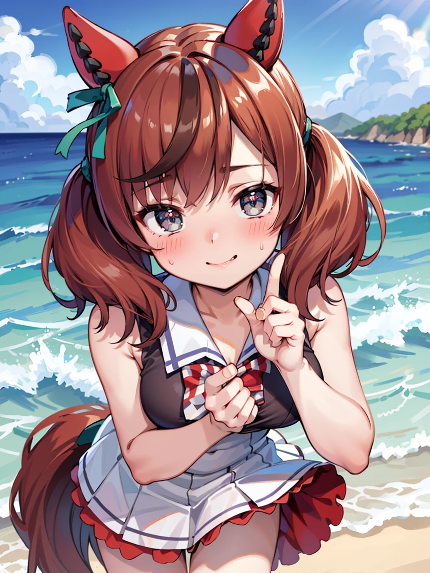 ((masterpiece, best quality)), high resolution,ultra detailed,8k,16k,detailed background, perfect lighting,detailed beautiful eyes, (1girl,solo:1.4),embarrassed,blush,show off nipple,steam,sweat,wet,in heat,wavy mouth,confused,look at viewer,face focus,(front view:1.2),(upper body),provocative eyes,naughty smile,fisheye lens,be breathless,(arms up,show off armpits:1.3),open mouth,tear
,kawaii,teenage,short stature,short body,medium breast,nicenature,
dress,brown hair,gray eyes,short twintail,seaside beach,sky