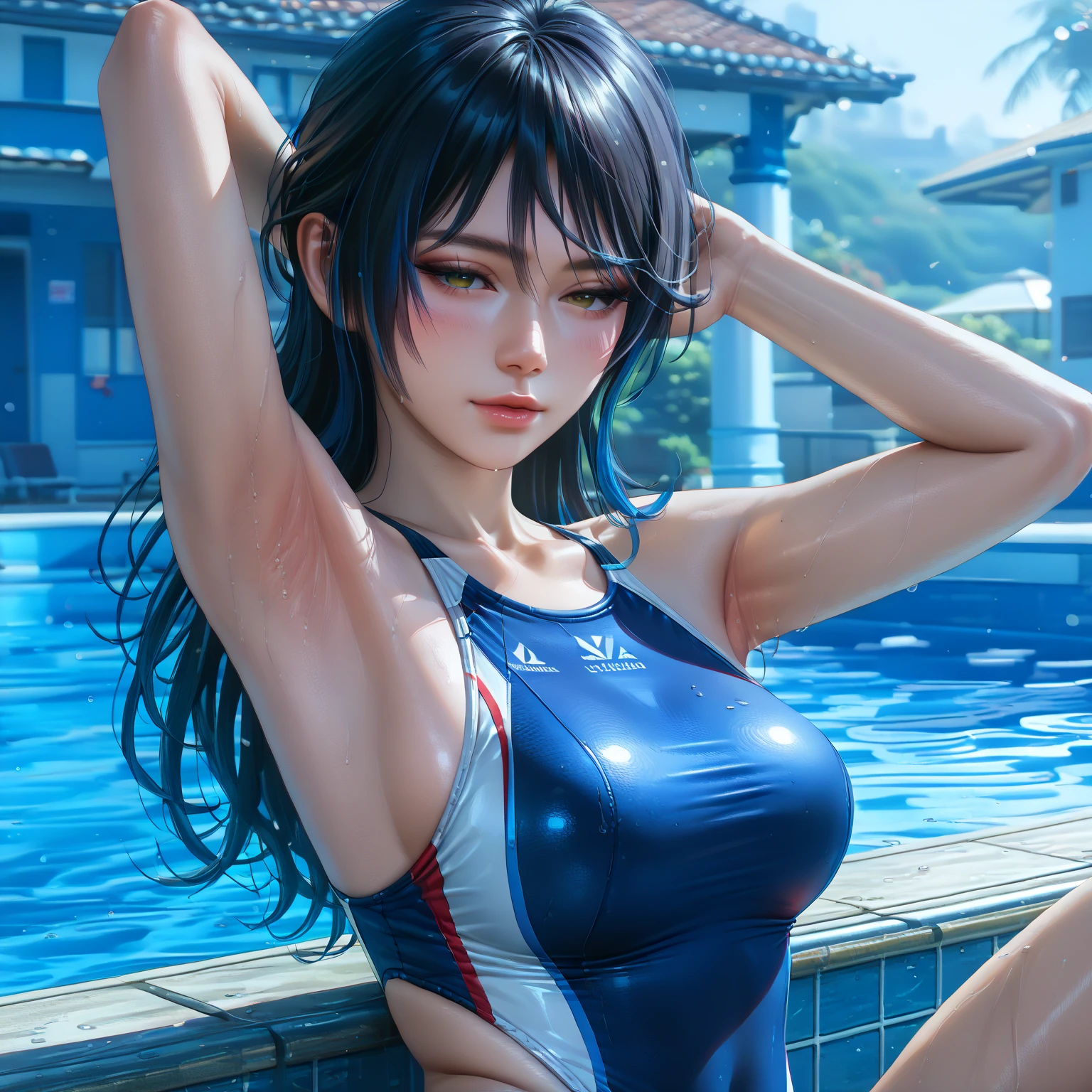nadiaがCowgirlで性交する, (((realistic, highest quality, High resolution, real women pictures:1.2))), (((A 16-year-old high school girl wearing a navy blue school swimsuit:1.6)), (navy high neck school swimsuit:1.4), (slender body shape:1.9), Cowgirlで性交する, ((anatomically correct:1.2)), (She is wearing a navy blue school swimsuit whose fabric is too thin..:1.1), 膣に陰茎を挿入するCowgirlポーズ, curved body, 大きく股を開いてCowgirl, A high neck swimsuit that was wet and too close to the skin, one piece swimsuit, Detailed depiction of the vagina, beautiful thighs, brutal penis thrusts up vagina, nose too small, toned abdominal muscles, 16 year old beautiful girl has sex with her clothes on, saddle, Cowgirl, tears, Girl straddles guy, (normal limb), Too cute small face, sensitive nipples, The whole body is wet with sweat, put your hands behind your head, Don'Don't show your nostrils, realistic, lips slightly open, (anatomically correct:1.2), A guy inserts a penis into a girl, nadia, (public pool:1.6), short hair with bangs, (少女が男とCowgirlで性交する)