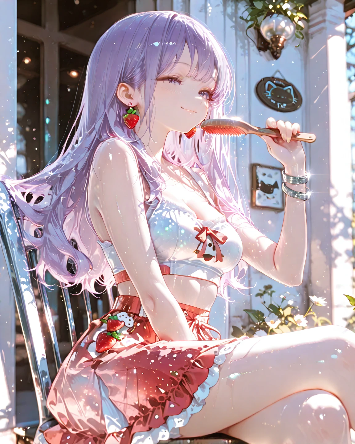 realisitic, 1 girl, gray hair, purples eyes, glare eyes, top cut, mini skirt, bra ,parted lips, holding red lollipop,blush, natta, flowers, floor, floorlight,Transparent white color clothes..