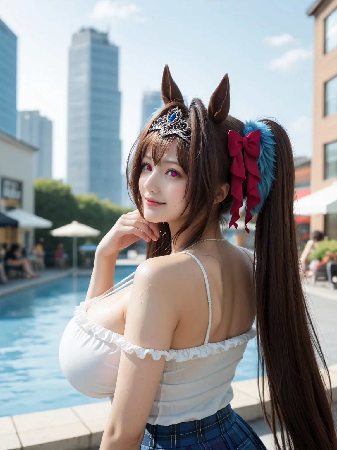 (8K、Raw photography、top-quality、​masterpiece:1.2)、(realisitic、Photorealsitic:1.37)、top-quality、超A high resolution、Best Quality, Head:1.3, finely detailed skin, Sharp Focus, Soft lighting, Dynamic Angle, [:(Detailed face:1.2):0.2], large full breasts,Riding a horse, Outside,swim wears,maikurobikini,In the grass,Dark hair