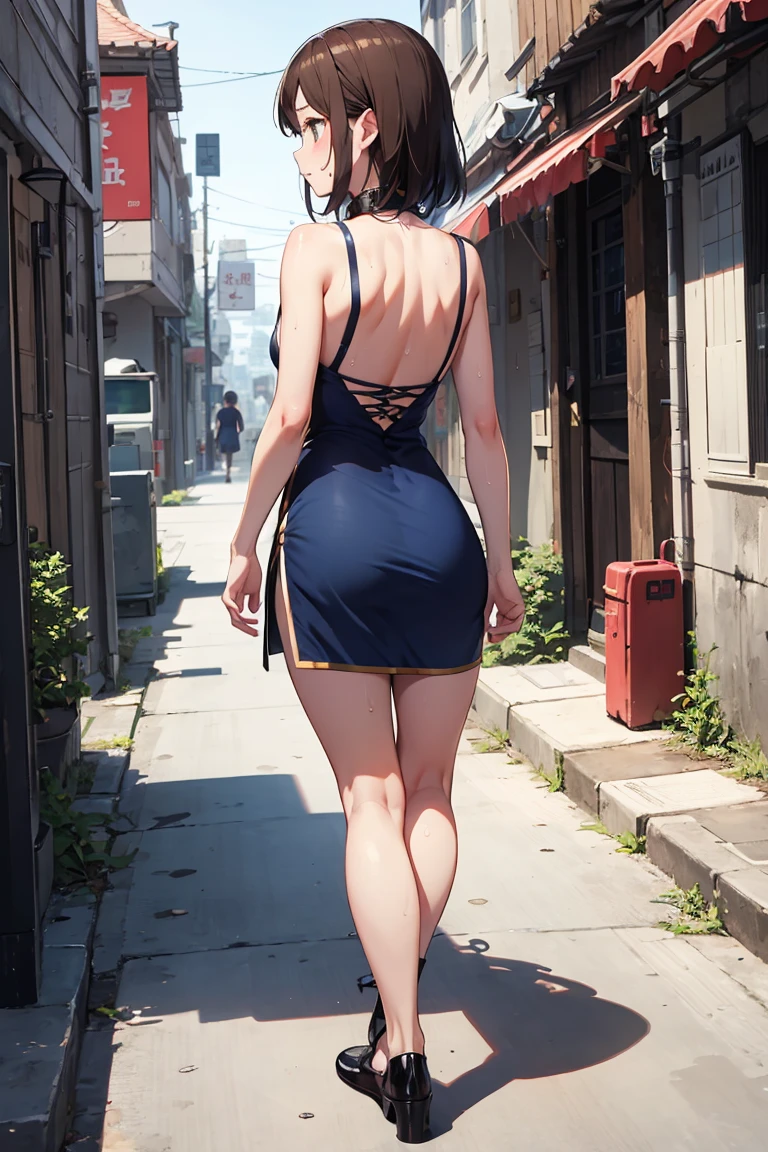 Girl, short tight dress, black thong, street background, openlegs, night, Narrow alley between houses, night, rain, slim body, slim ass, You can see the ass