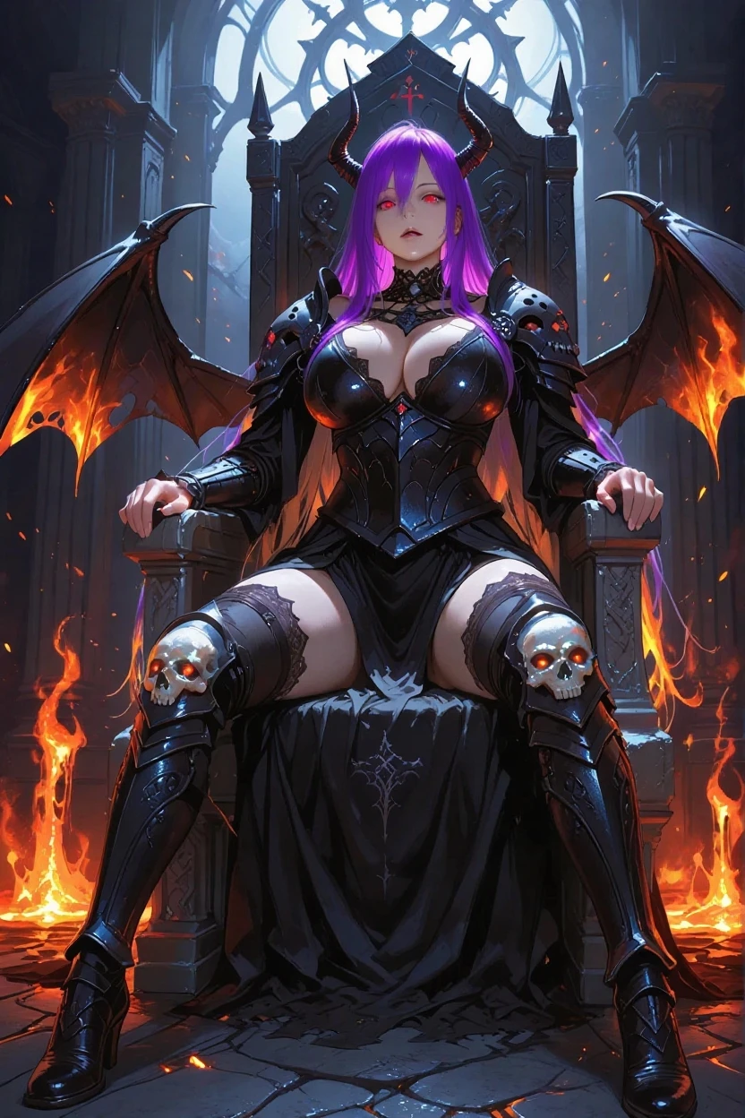 (beautiful punk woman) , (queen of hell on her throne), (((striking eyes))), (skinny:1), (small:1), (big boobs:1.6),(huge breasts:1.6, (((night))), (((sitting on a burning steel throne))), (spread legs), extravagant, oily wet skin, sweat, (((fire and demons))), (wicked smile), (((visible vagina))), (((shaved pubis))),tattoos, ((high heels)),((bodybuilder abs)), (punk gown), Crown of thorns, Scepter of shadows, Necklace of skulls, Ring of dark power, Chalice of souls, Book of forbidden spells, Orb of despair, Amulet of the abyss.