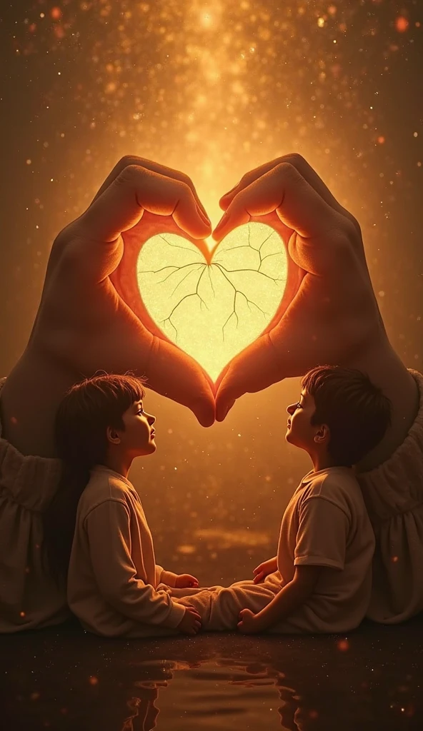 Two children praying around a treasure chest with a real human heart of light attached by chains to the chest in a brightly lit environment photo realistic