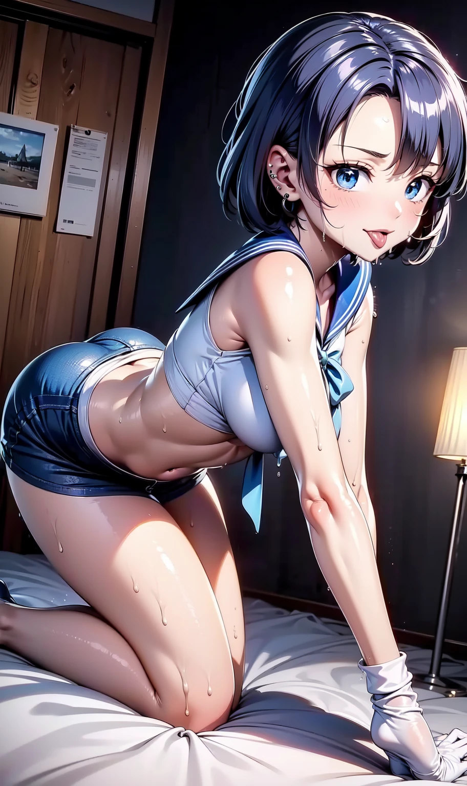 (Photorealistic:1.8, highest quality:1.8,8K masterpiece:1.8,High resolution,Mastepiece:1.8,RAW Photos,Cinematic lighting),No split screen、1 female、Sailor Mercury、blue eyes、uniform、mer1、Beautiful hair ornament、Sailor Warrior uniform、Floating short blue hair、Blue sailor collar、ribbon、Sexy uniform showing the underside of the breasts)、(((Underboob)))、Blue Long Gloves、Blue knee high boots、Blue choker、Earrings、No panties mini skirt、Glowing silver hair、Random Sexy Poses、Angle from below、The woman is naked、woman is nude、Adult video shoot、
Crotch close-up、Thick pubic hair、Spread the genitals、Beautiful anal、Erect clitoris、Plump and big clitoris、Unfolded vagina、Back view