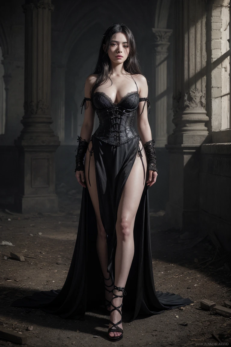 woman with brown curly hair , Blue eyes, in a black corset, open skirt, dark fantasy character design, epic exquisite character art, dark fantasy art, with the advent of Sinnove Carlsen , Dark Sorceress Full View, Awesome character art.