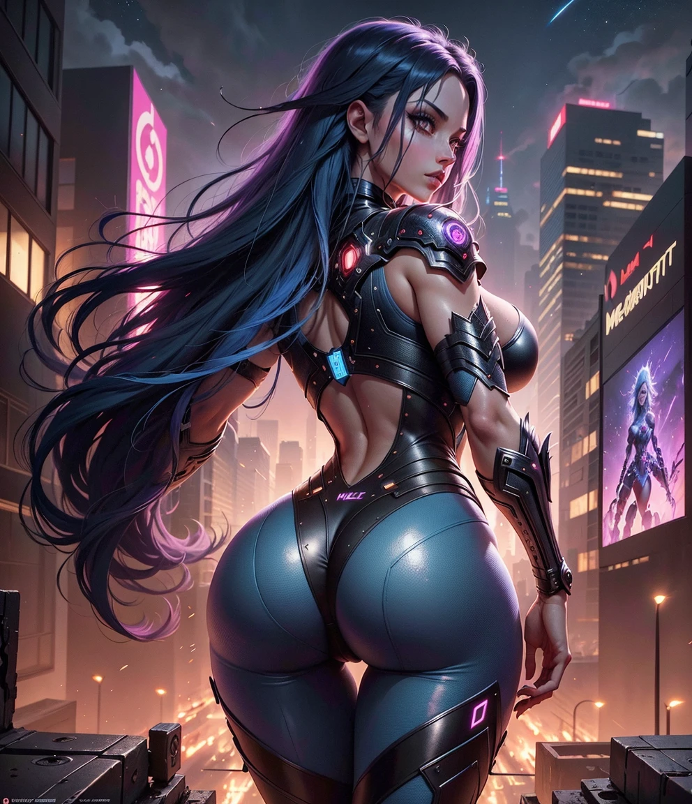 ((Best quality)), ((perfect masterpiece)), (detailed: 1.4), (Absurd), (((full body, curvy body, super huge enormously gigantic , arching her back in a sexy seductive slutty pose)), (((blue hair woman, 
blushing, full pouting pink lips))), 35-year-old woman, Beautiful muscular woman, giant robot pilot, wild with perfect curvy body, tons of tattoos and piercings, wearing little clothing, tiny thong, clothing with Japanese cyberpunk graphic patterns, halftone pattern and vertical stripes, perfect color scheme 
