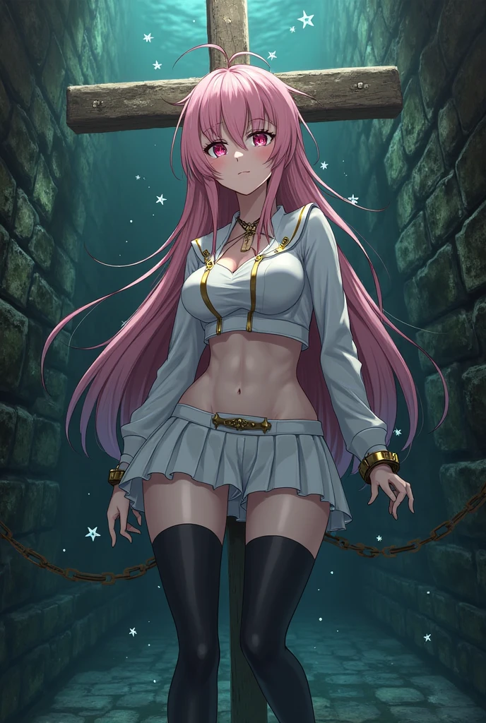 score_9, score_8_up, score_7_up, score_6_up, score_5_up, score_4_up, source_anime, 1woman, worth, pink hair, long hair, white eyes, w-w-chain, shackles , crossed arms, messy hair, black bikini, shorts, brown thigh high boots, night, candles, dungeon, best quality, best res, 4K UHD,