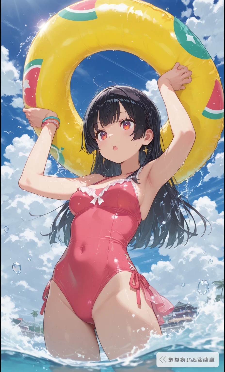 (pov sexy swimsuit style) (beautiful body), (solo:2, 18 yo, straight black hair very long hair cool sadist girl, sexy red eyes, glossy lip, love smile, big tits), (in a one shoulder:1.1 open side one piec swimsuit with double exposure fireworks), break, in the sunshine Swimsuit contest venue, background beautiful ocean, Double Exposure beautiful rays, BREAK, perfect anatomy, masterpiece, best quality, 16k, beautiful detailed water, sexy, daydreaming expression.