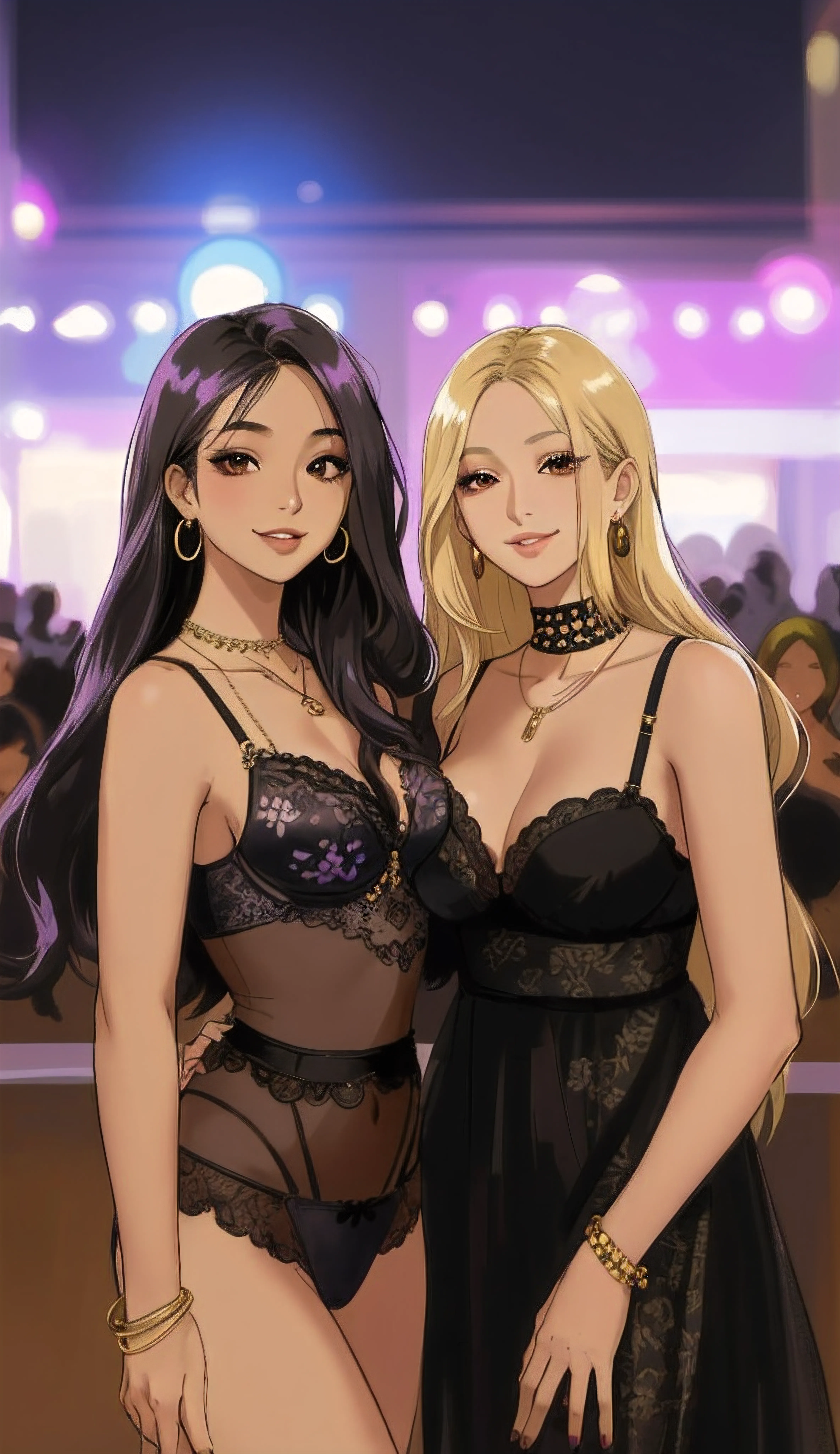 Characters Na Ritchie Black Hair Style Morticia Addams Cartoon Female Image .cartoon style illustration, Cartoon art style, Cartoon art style, Digital illustration style, Highly detailed character designs, Digital Art Details, City Fan Art, Portrait design, Beautiful digital illustration, High quality portrait, Comic Art, young man expressing sexual desire. Beautiful round breasts，a happy expression ，Extra large breasts，One is a hot blonde，