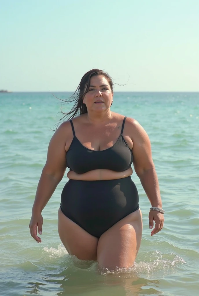 rusiian woman of age 40, big breast, big booty, big ass, thin small transparant bikni, background is beach, some water on face, long hair, walking on beach send, mud on ass , mud on breast