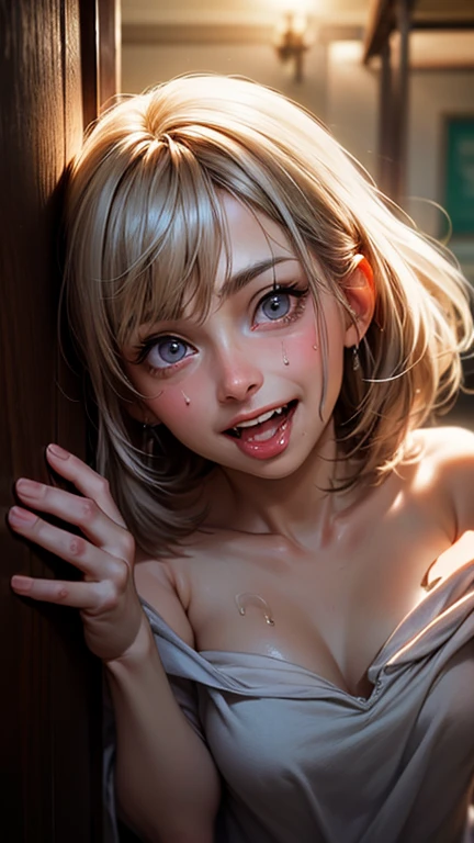 from front,(((masterpiece))), (((Portraiture))), Kujou Sara, Diffuse Light, Dynamic Shadows, Sharp focus, Genuineistic, detailed, High resolution, Absurd, White Background, very good, photoGenuineistic, Genuine, Wet, mascara, blush, Sleeveless, like々New Look, naked breast,small breast,