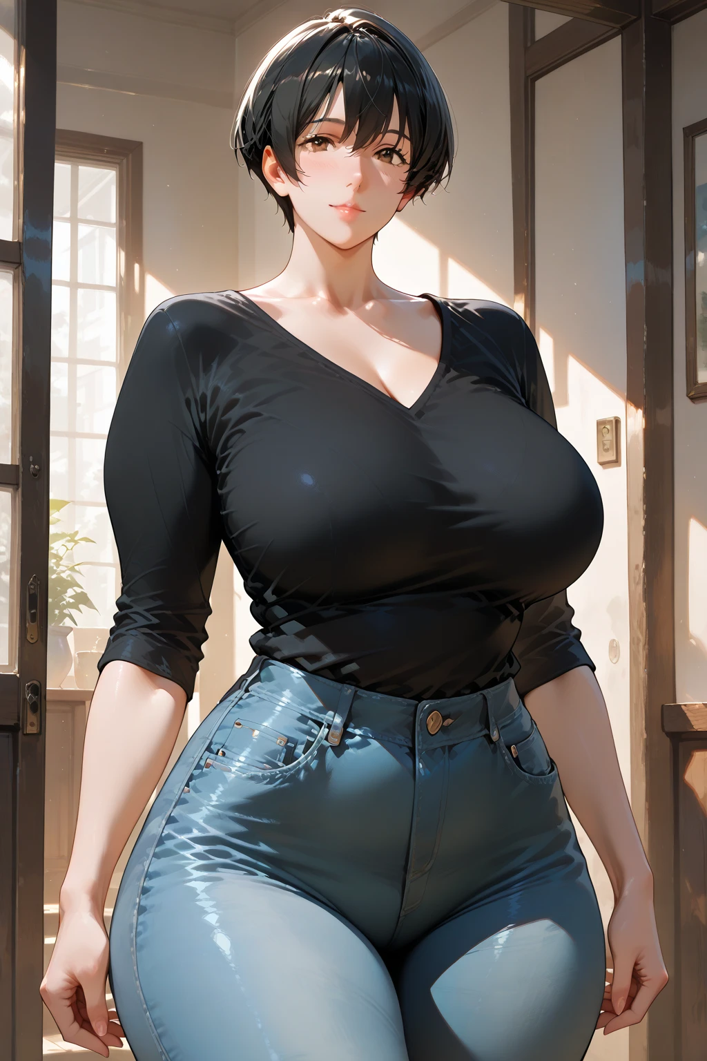 photorealistic, high resolution, soft light,1women, solo, wide hips, (detailed face),tattoo, jewelry, long sleeve sweater, red sweater, blue and green hair Color , (closeup), wide angle,, (busty), ((huge breasts)), large breasts, full body angle, 40 years old woman , thick thighs , thick arms , standing in dark rooms, pants, wearing a three bracelet, wearing two diamond necklace , wearing a watch, wearing airmax shoes , japanese goddess, wavyshort hairstyle, fat belly, thick belly, thick hips, thick arm, bbwchan, massive arm,
