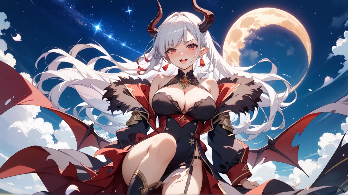 nilou (genshin impact), looking at the viewer, 1girl, white hair, bracelets, (vampire), sharp vampiric fangs, smirk, (red eyes), glowing eyes, small breasts, navel, pale as snow, blood effect, red sky, moon, night, red effect, slim, villain, evil, masterpiece, vampire theme, bloody mouth