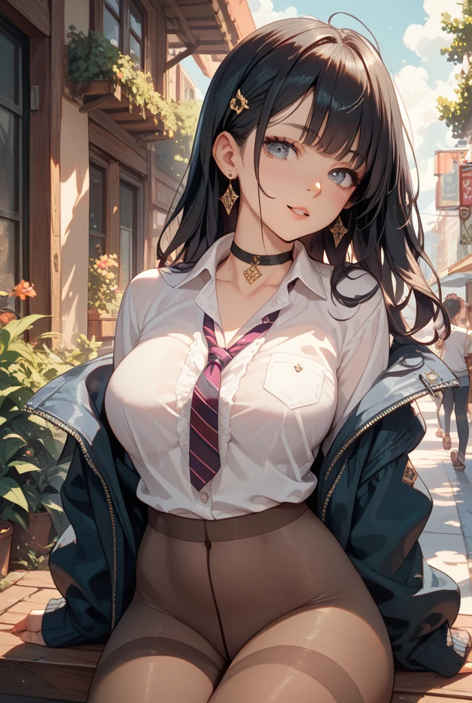 (masterpiece:1.3, top-quality, ultra high res, ultra detailed), (realistic, photorealistic:1.4), beautiful illustration, perfect lighting, colorful, depth of fields, 
beautiful detailed hair, beautiful detailed face, beautiful detailed eyes, beautiful clavicle, beautiful body, beautiful chest, beautiful thigh, beautiful legs, beautiful fingers, 
looking at viewer, 1 girl, japanese, high school girl, perfect face, (perfect anatomy, anatomically correct), cute and symmetrical face, babyface, , shiny skin, 
(long hair:1.7, side ponytail:1.6, light brown hair), asymmetrical bangs, dark red eyes, long eye lasher, (medium breasts), slender, 
((navy blazer, collared white shirt, navt pleated skirt)), dark red bow tie, piercing, hair scrunchie, 
(beautiful scenery), evening, (park), squatting, (lovely smile, upper eyes, open mouth), 