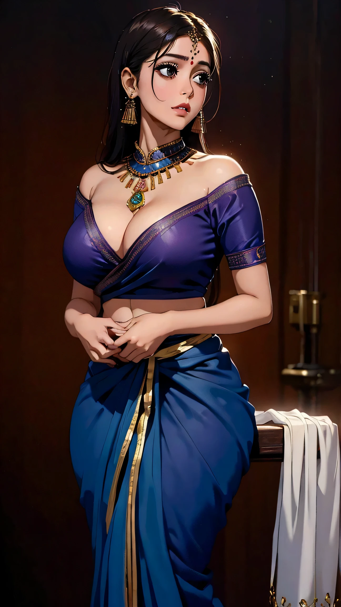 Stunning Beauty Voluptuous Javanese Wife, Photorealistic portrait, very huge chest, wearing soft silk batik long daster and wooden sandals, black short hair, brown skin, luxurious Javanese mansion in background, bokeh effect, beautiful neck, beautiful legs. HD Image, Wide Angle, Full Body, Top to Toe, Very Detailed Anatomy, Very Detailed Background, Highest Quality, A Masterpiece.