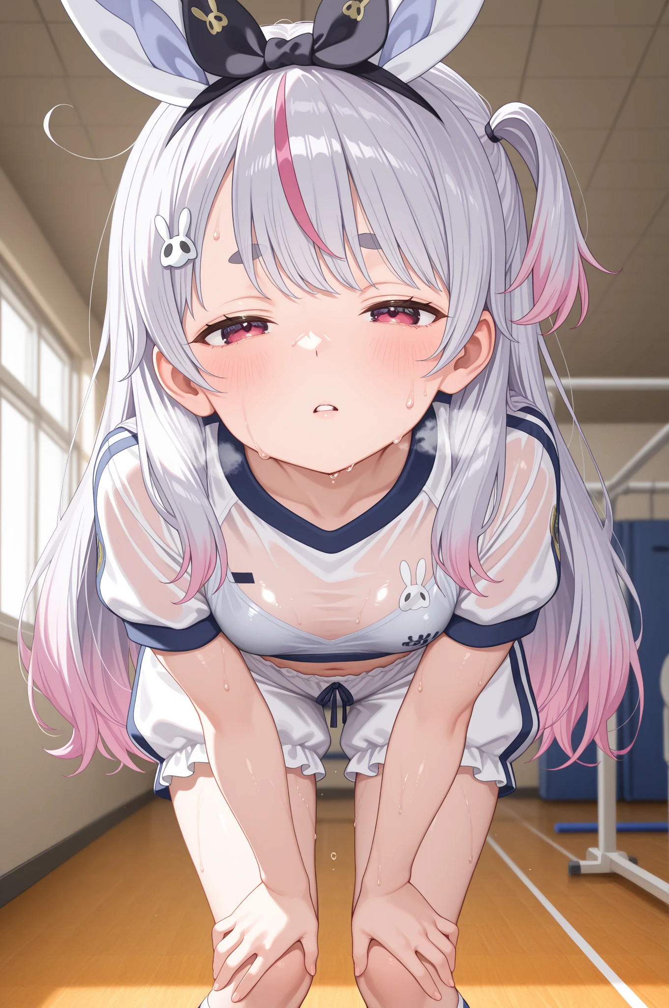 (((masterpiece))),(((best quality))),(ultra-detailed,high resolution:1.2),(illustration),((an extremely delicate and beautiful)),(detailed background), POV, leaning back, cowgirl position, bouncing breasts, (((man of top))), pussy, vaginal penis, (((motion lines))), (((vulgarity))), motion lines, (cum in pussy:1.4), ((((wrestling ring)))), ((1petit girl)and(1 boy)), hetero, ((((1petit girl,short stature)))),((((miyako/(blue archive/)))),official style, (slender body:1.4), (long hair,ponytail),white hair,bangs, purple eyes, (flat chest), covered navel, collarbone, pale skin,shiny skin, ((She wears swimsuit, thigh high socks), (expressionless,half-closed eyes,look down), (cum on clothes,cum on body,excessive cum:1.4),cum facial,bukkake,cum on hair,cum on pussy, clothing aside, clothed, (1muscular boy,tall stature:1.4), large penis, trembling, text,