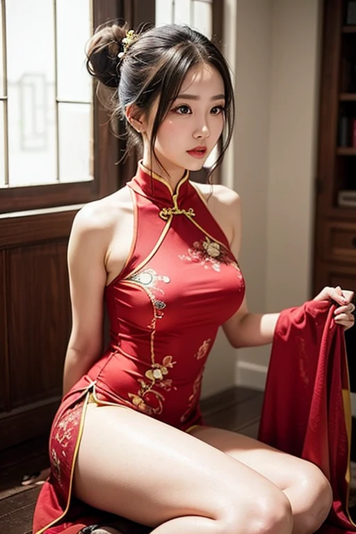 (​masterpiece、top-quality:1.8)、(Photorealsitic:1.4)、(One lady、Solo Shot:2)、(extra very short hair、Bun hair、hair adornments:1.9)、(Glossy red cheongsam、golden embroidery:1.4)、high-heels、(Pitch-black underground passages:1.4)、(Turn your body forward、Spread your legs wide、raise one leg high:1.2)、(well-muscled:1.4)、(Sexy thighs:1.2)、(From below:1.2)、(Sitting on the floor:1.2)