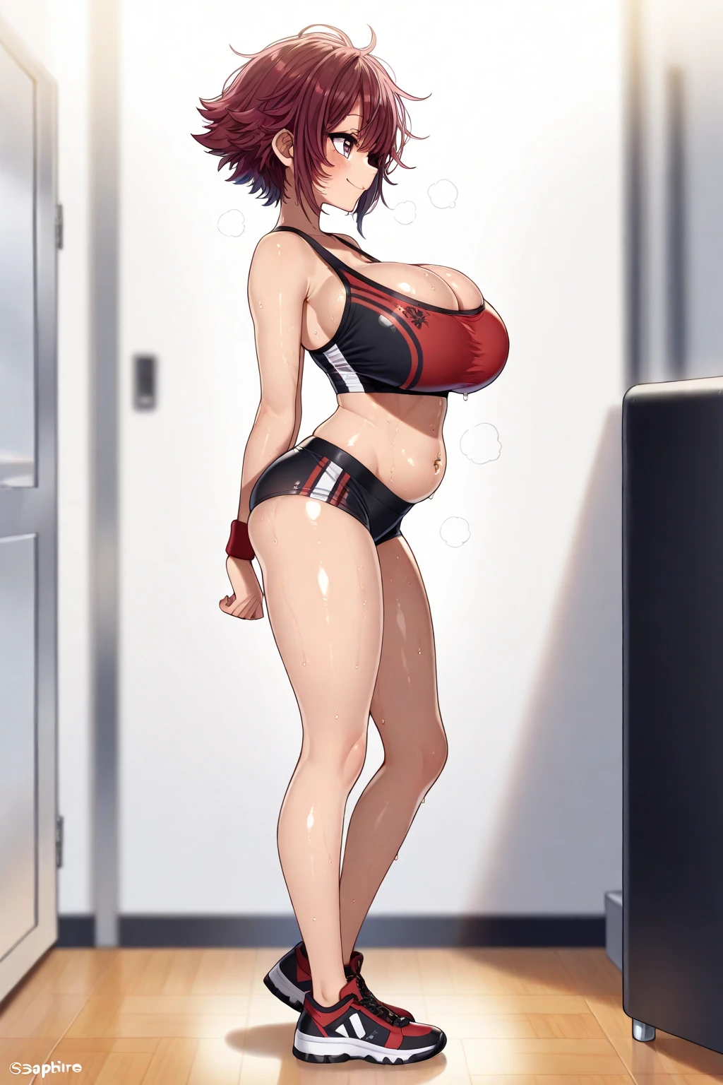 One woman,Big Breasts,Mixed Martial Arts,Wire Mesh Cage(1.5),Black hair with red(1.5),short hair,Tight short black tank top,Tight white shorts(1.3),Fighting Boze(1.5)