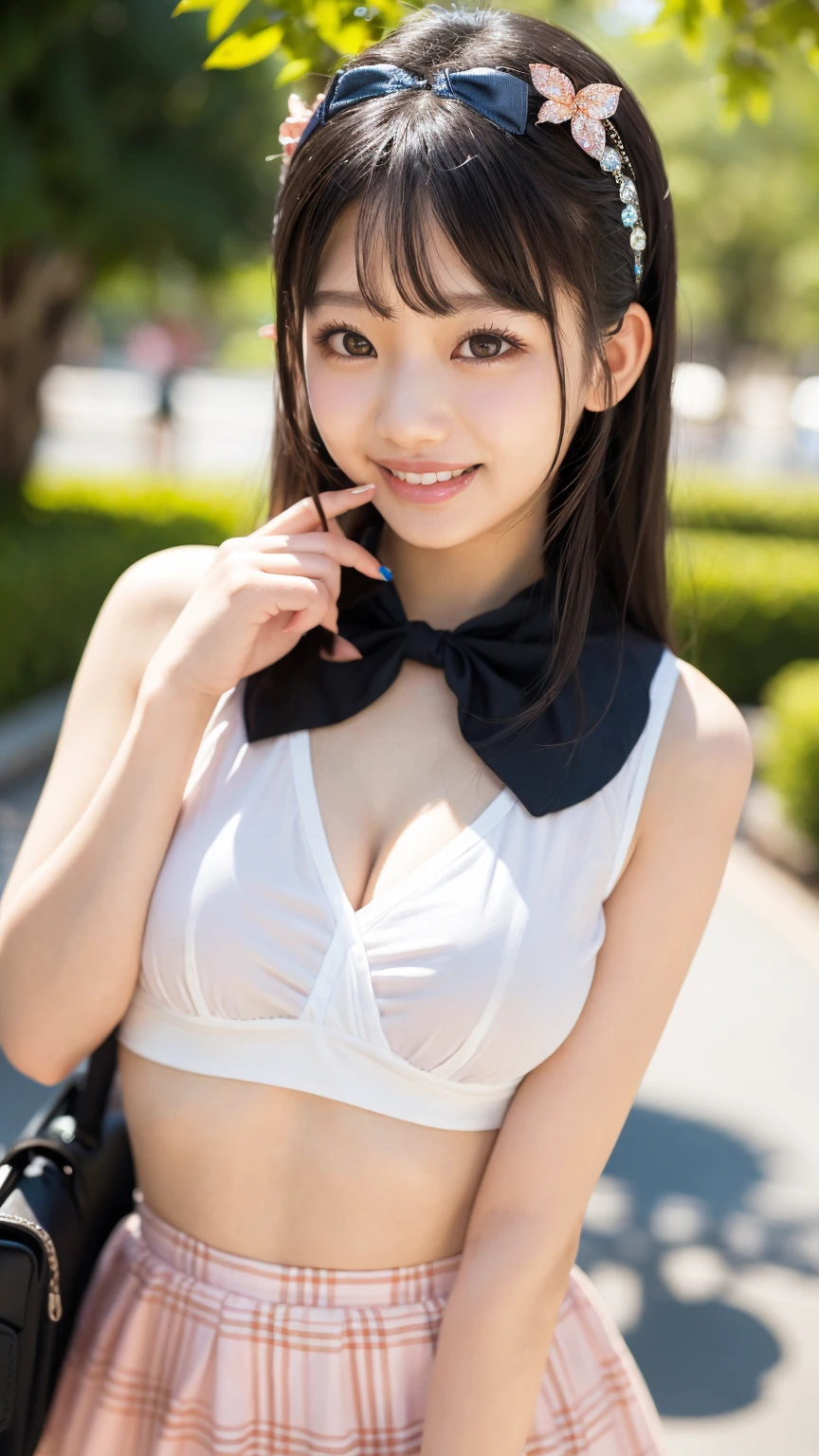 (8K、Raw photography、highest quality、masterpiece:1.2),(black hair:1.7),show viewer,Looking at the front,(super sentai series、She is wearing a colorful PreCure series costume..:1.6)、(Clothing that emphasizes the shape of your chest:1.3)、(big breasts :1.2)、slim body shape、ultra high resolution,beautiful,beautiful fece,(alone, alone、no background:1.9),whole bodyボディー,、(black eye、japanese woman: 1.3),(Photoreal:1.37)、photon mapping,reality、(Cute with a baby face: 1.1)、(cute smile: 1.7)、(With a round face: 1.8)、radio city、Physically based rendering、depth of field rally background、photograph, (I can see your knees,close up of thighs、skirt is too short、spread your legs、showing off white panties:1.3),whole body、super fine