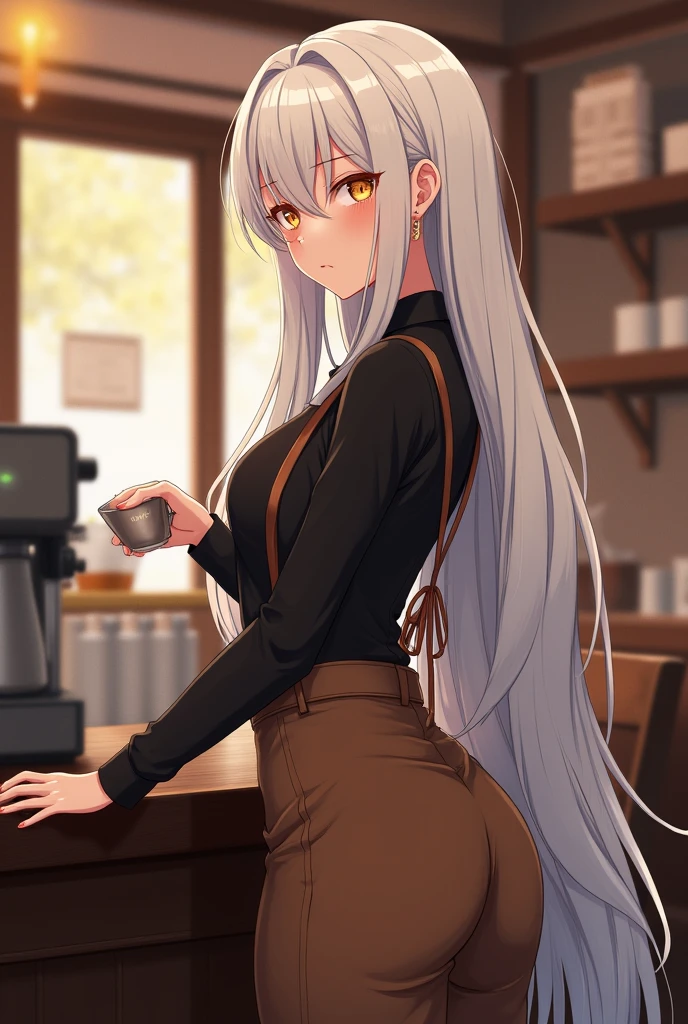 (Style Princess:0.8), Beautiful Girl, Silver Hair,1 Girl, (Black and Silver Hair), ((Cafe)), Slim, Masterpiece, High Contrast, White Shirt, Mini Briefs, Blunt Bangs, Medium Hair, Ultra Detailed, Best Quality, Ultra High Definition, High Definition, Details
