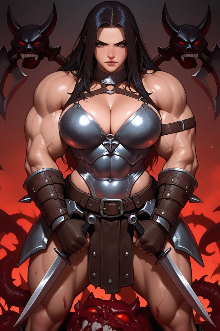 She&#39;s sexy Petra Jensen in a skull mask, Shaman, hellish staff in hand, hunted by tentacles. Big naked breasts, mini skirt, muscular body, Lamb&#39;s horn, tail, sexy pose, every muscle is visible, black wet hair. elf (dark fantasy). she&#39;s big, Hipperrealism, surrealism 