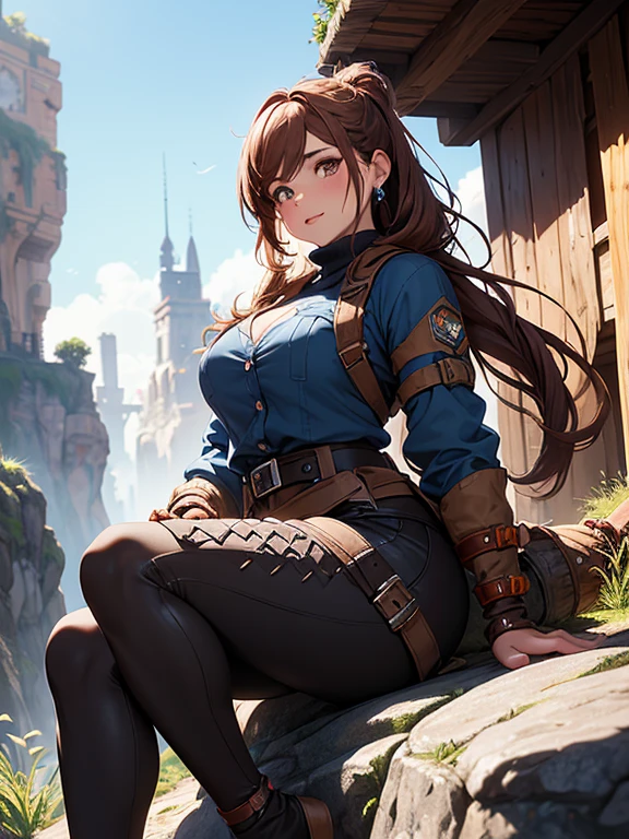 masterpiece, best quality, soft lighting, absurdres, looking at viewer, solo, smile, goggles on head, amber \(genshin impact\), brown eyes, brown hair, long hair, red hair ribbon, brown short shorts, leather gloves, pouch, thighhighs, white boots, medium breasts, cleavage cutout, shrug \(clothing\) , full body, standing on one leg, overgrown ruins, mountains, 8k, UHD, HDR, (Masterpiece:1. 5), (best quality:1. 5)