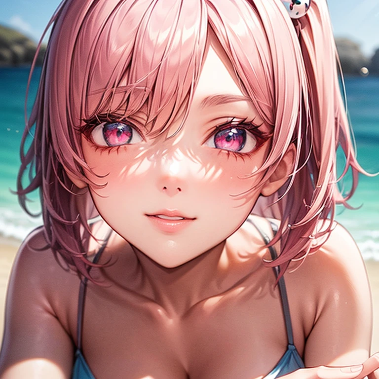 (Masterpiece, BestQuality:1.3), (ultra detailed:1.2), (hyperrealistic:1.3), (RAW photo:1.2), High detail RAW color photo, professional photograph, (Photorealistic:1.4), (realistic:1.4), professional lighting, perfect anatomy, (Big Breasts), (blush, detailed face), (cheerful Smile:1.5), (Pink Hair:1.5), Trending Hair&Trending Hairカラーをランダムに, earrings, necklace, bracelet, sexly, erotic sexly, Random sexy gravure poses, (A stunning beauty in a blue frilly bikini。The background is a resort beach。Looking at the camera with a relaxed smile。Wear a shell necklace、Lying on a beach chair。: 1.3)