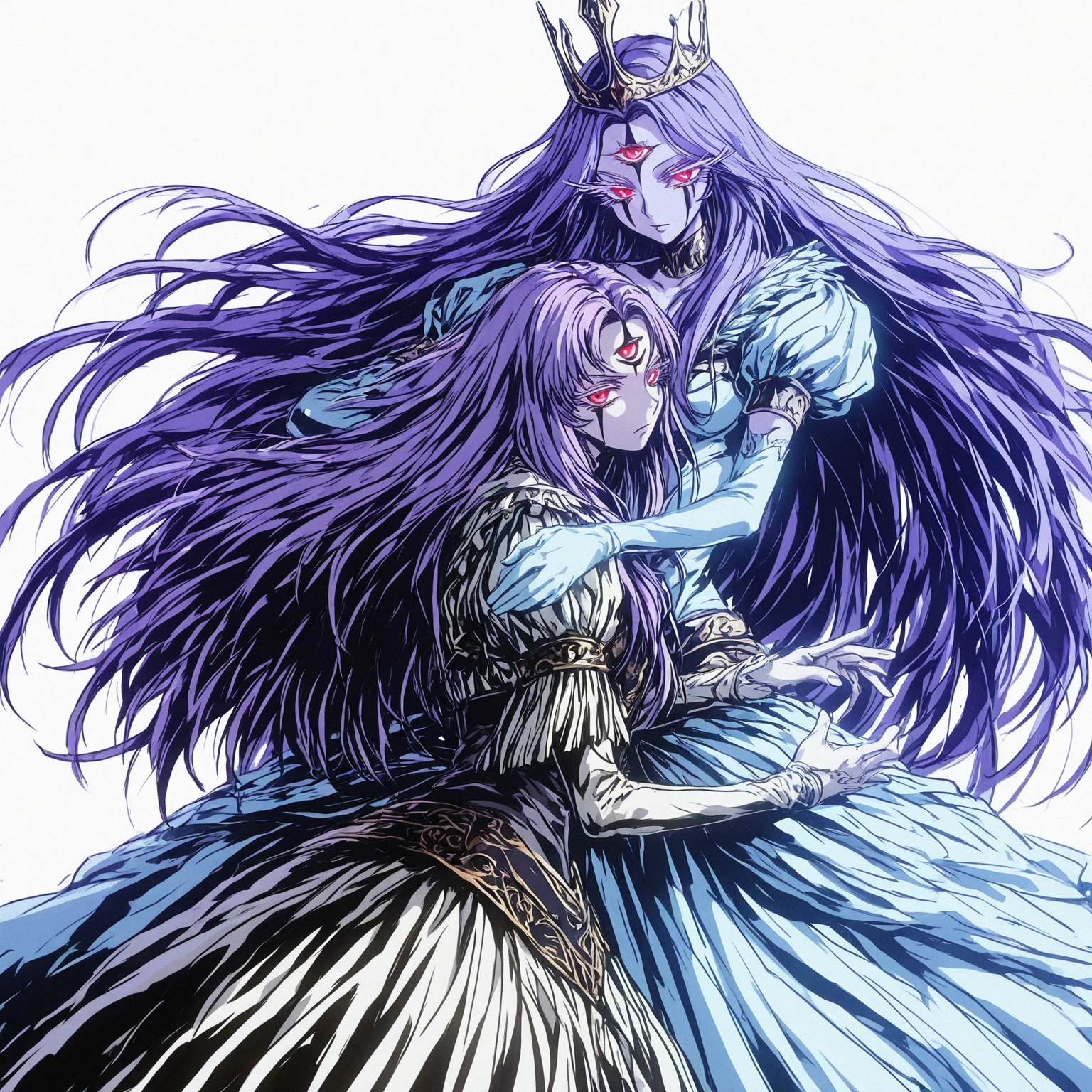 ((highest quality)), ((masterpiece)), (detailed), （Perfect Face）、The woman is Alien Mercury, wearing an alien dress, with short blue hair and a completely alien body.、The woman is happily hugging and kissing the powerful alien king.