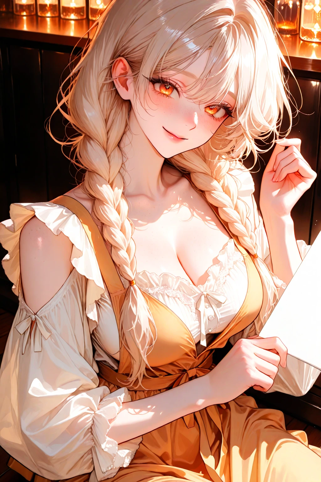 ((masterpiece, highest quality, Highest image quality, High resolution, photorealistic, Raw photo, 8K)), Ultra Wide Angle, blonde, maid dress, mini skirt, medium hair, onnanoko, four legs, horse, cleavage, waist, naval, belly, loose appron