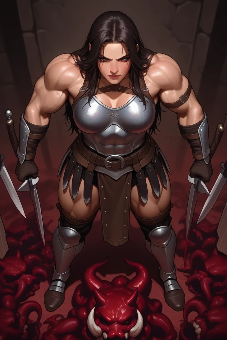 barbarian huge muscle woman wearign swords and shield
