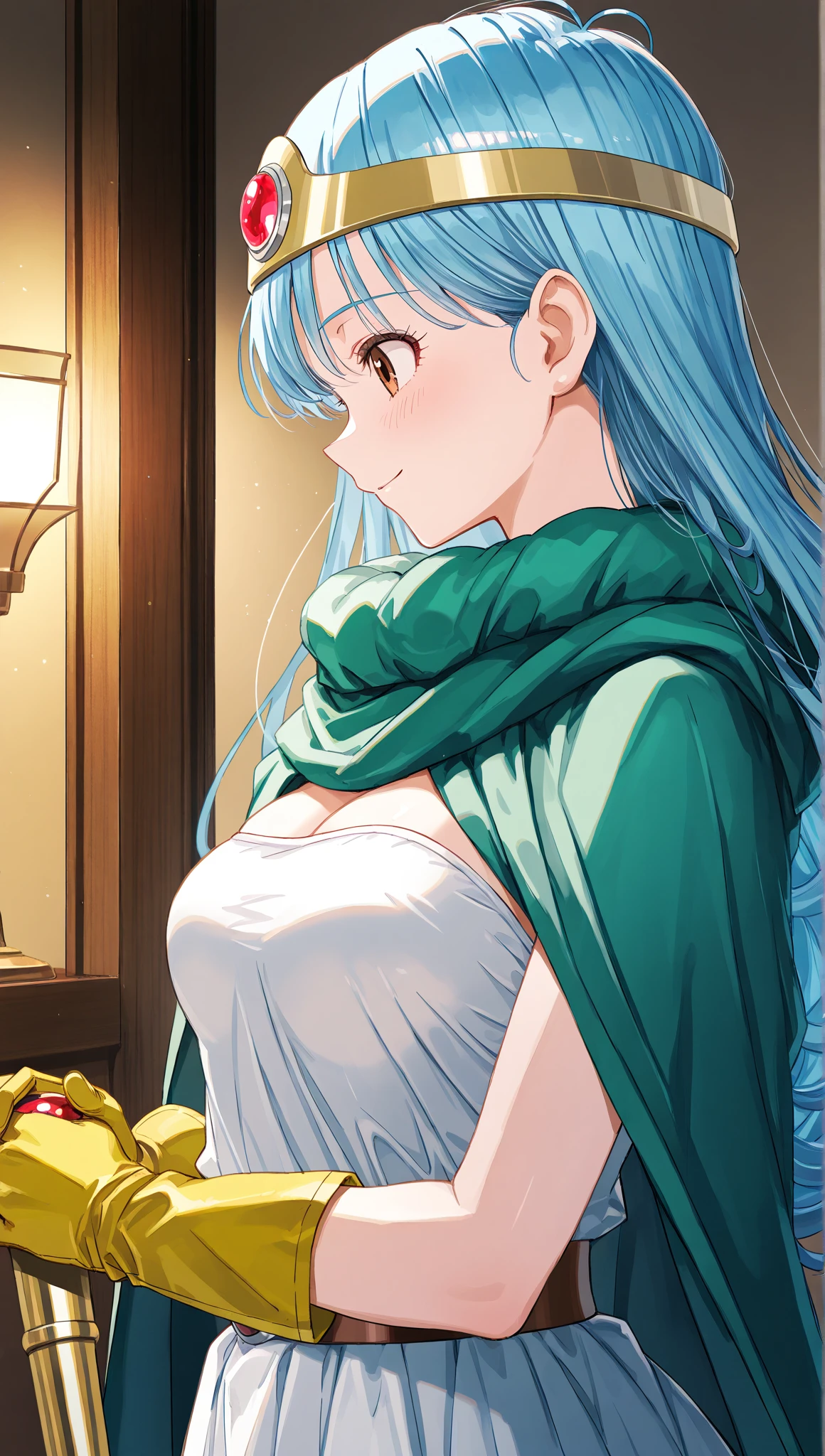 (8K, ultra-detailed, best quality, anatomically perfect body:1.5), (small breast:1.2), shiny skin, (sage_(dq3):1.3), (have to pee:1.1), (urge to pee:1.2), (peeing self:0.5), (pp clothes:0.4), (very desperate to pee:1.3), (public toilet), (standing), (white dress:1.4), (yellow gloves, yellow boots:1.1), (long hair, blue hair:1.3), red eyes, (belt, cape, cloak, circlet, bare shoulders), cleavage, can't hold a staff, (knees together and feet apart:1.5), (Rub each other's knees:1.2), (leaning forward:1.3), (hand between legs:1.1), (holding the crotch:1.5), (orgasm:1.1), (blush:1.3), (embarrassment:1.3), (impatience:1.2), (flustered:1.2), (fidgeting around:1.2), flowing sweat, (erotic waist twist:1.3), (panting), (breathless:1.2), Erotic feelings, (close eyes, closed mouth:0.9), looking away, (upskirt:1.1), nsfw,