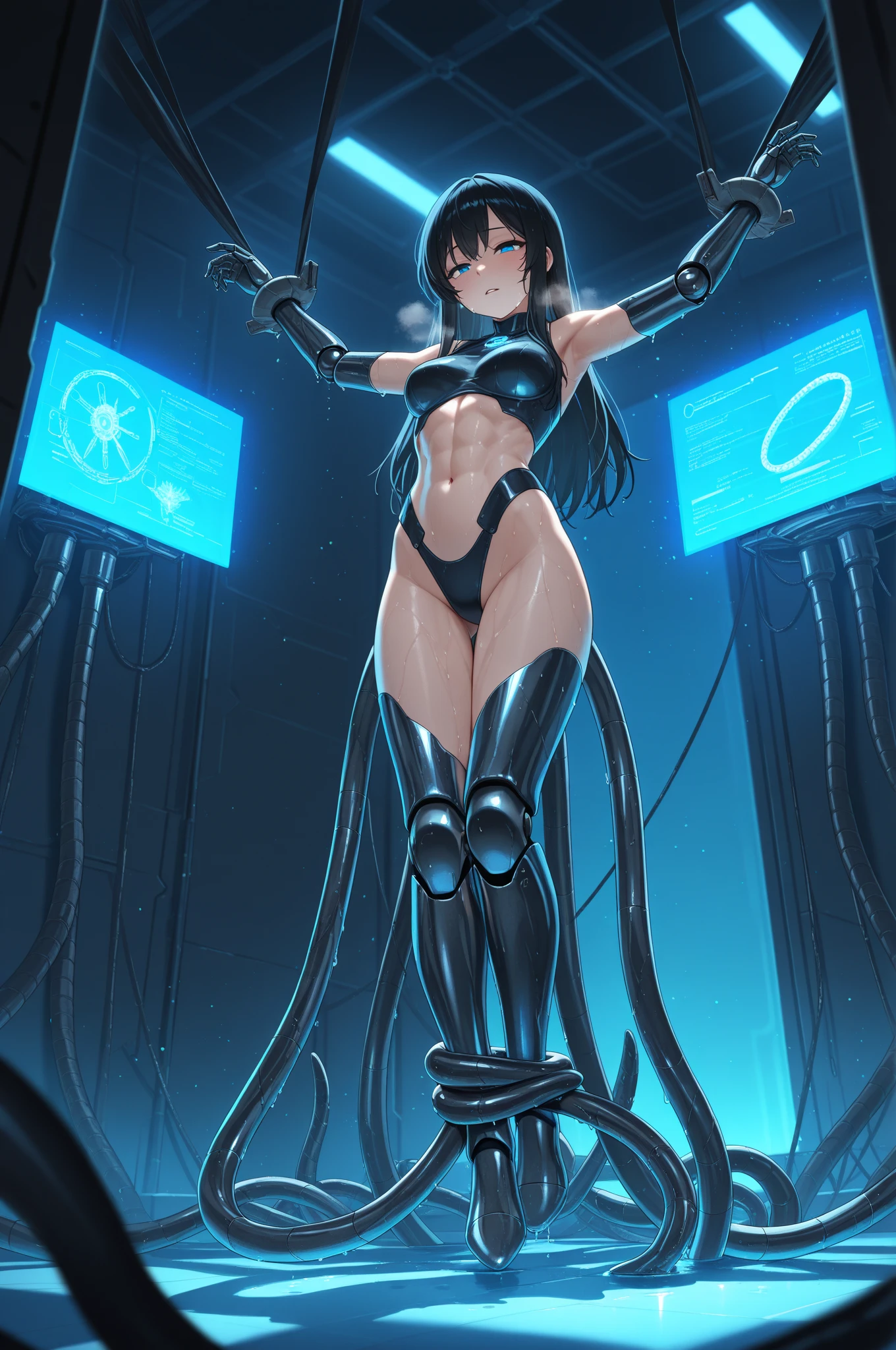Masterpiece, best quality, high resolution, 1 woman, black skin , black hair , black underwear , abdomen , big breasts, Long legs , Barefoot , stretch , tunnel , drain pipe