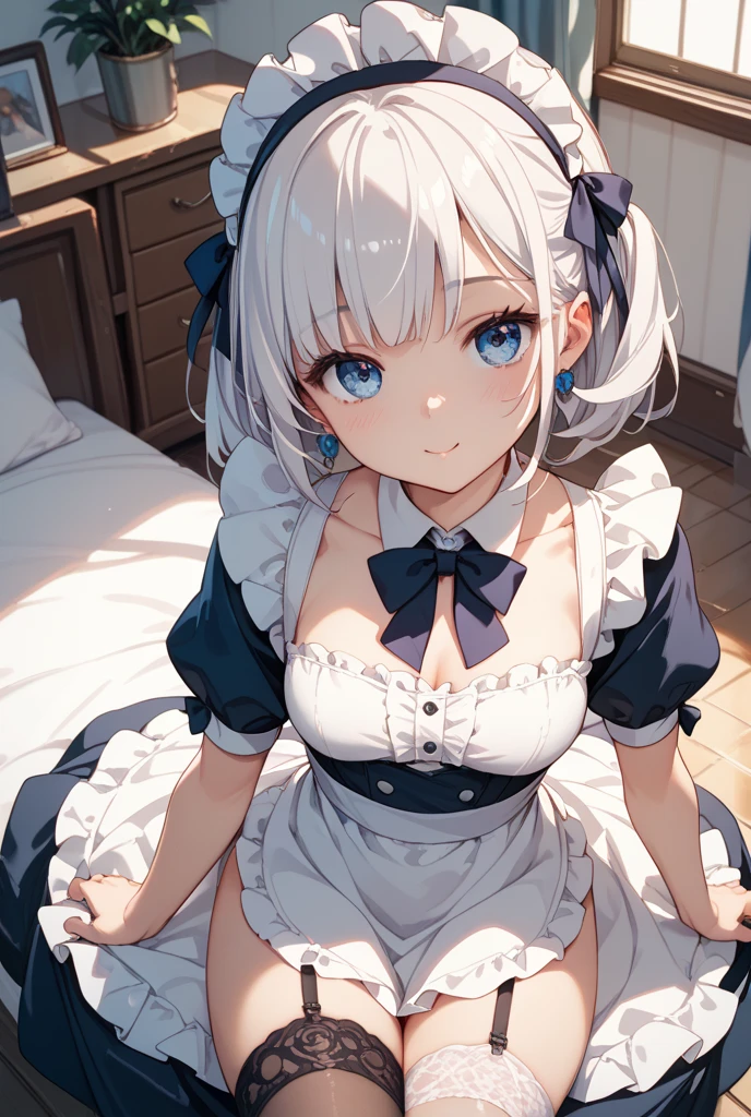 best quality, ultra precision, one girl, blue eyes, white hair, young, loli, cute, maid, maid costume, blush, natural smile, teenager, cat's ears, small breasts, look up at you, cleavage, pure, obedience, sitting, sit gracefully, put hands between legs, shy, on bed, scrounge, affectionate, like a younger sister, sexy, nsfw, seduce, r-18